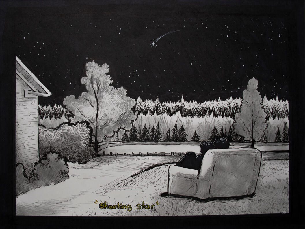 Shooting star, Memories of me collection, 2022, pencil and maker on paper 10 x 12 inches