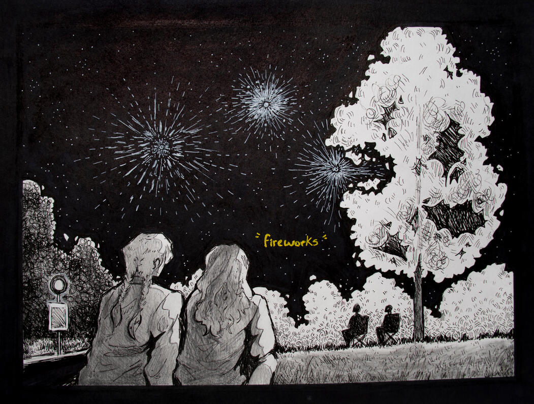 Fireworks, Memories of me collection, 2022, pencil and maker on paper 10 x 12 inches