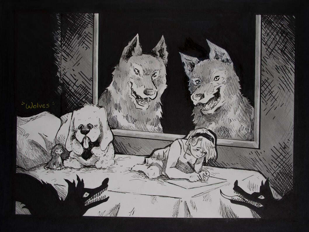 Wolves, Memories of me collection, 2022, pencil and maker on paper 10 x 12 inches