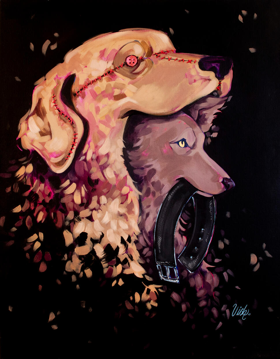 Adopt me, acrylic on canvas, thread, 2025, 28 x 22 inches