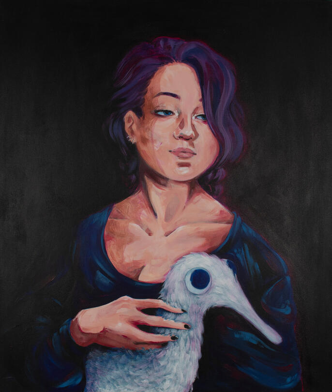 Lady with a worm, Acrylic on canvas, 2023