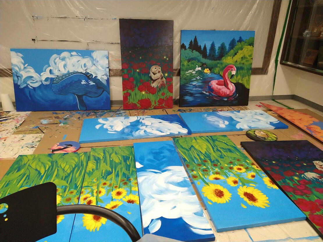 Mural project compilation, acrylic on canvas and wood, ranging from 13x13 inches to 108x72 inches, 2022-2023