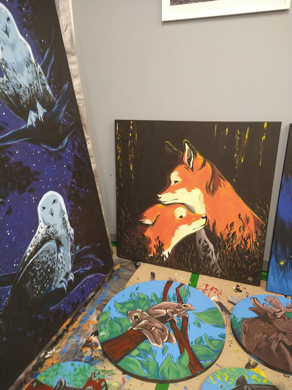 Mural project compilation, acrylic on canvas and wood, ranging from 13x13 inches to 108x72 inches, 2022-2023