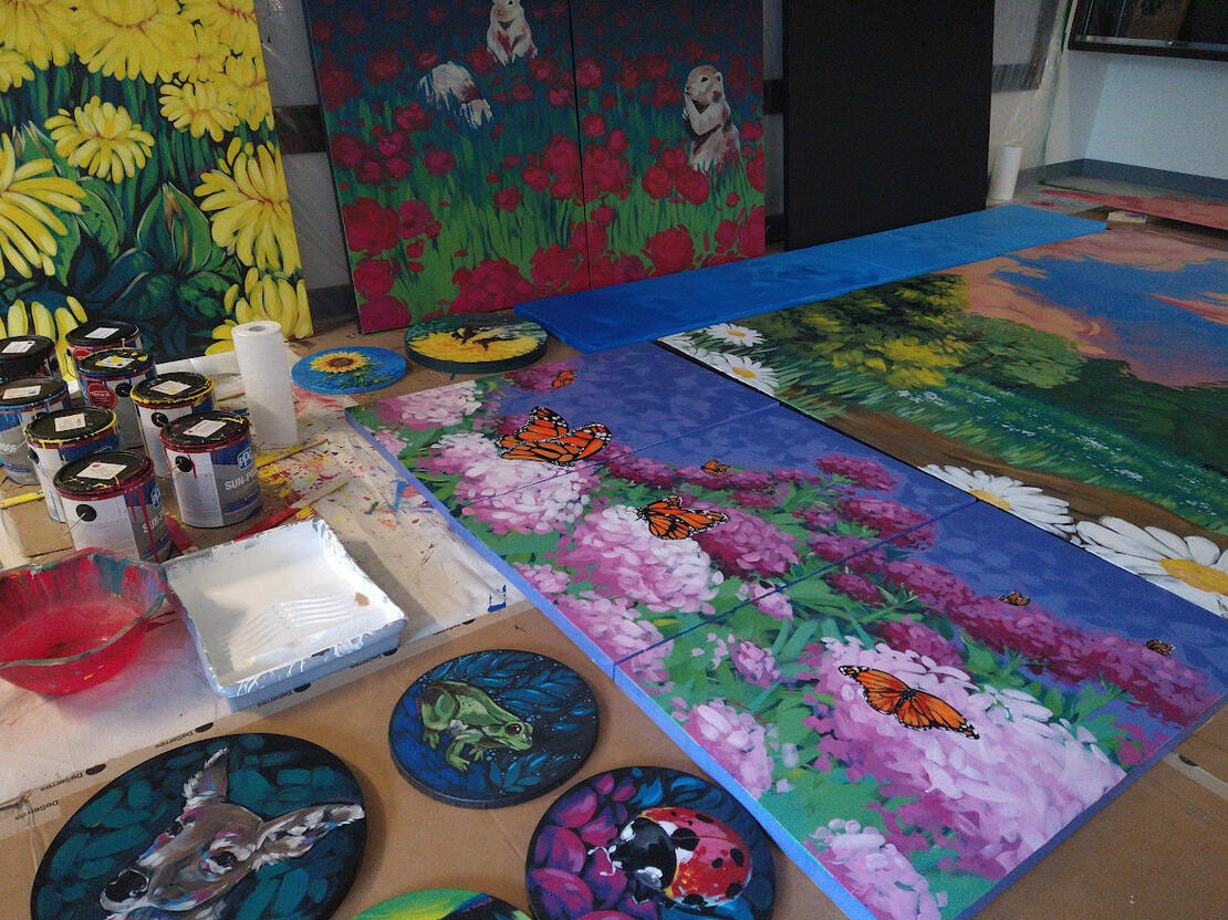 Mural project compilation, acrylic on canvas and wood, ranging from 13x13 inches to 108x72 inches, 2022-2023