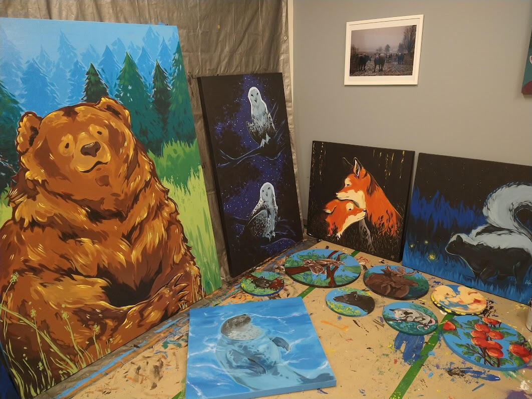 Mural project compilation, acrylic on canvas and wood, ranging from 13x13 inches to 108x72 inches, 2022-2023