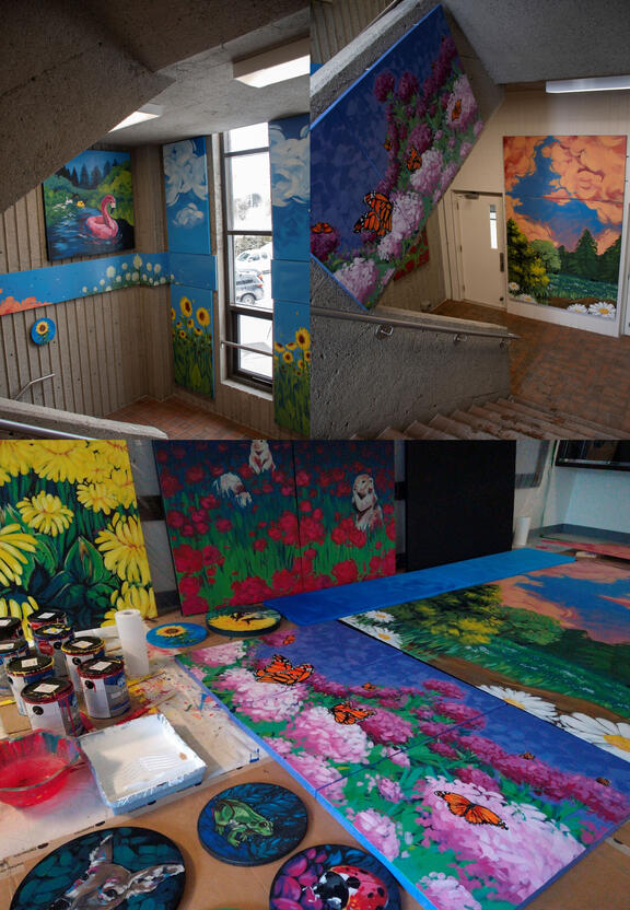 Mural project compilation, acrylic on canvas and wood, ranging from 13x13 inches to 108x72 inches, 2022-2023