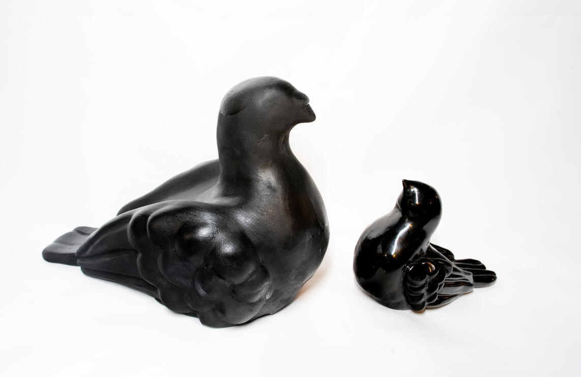 Pigeon and bird, plaster, ceramics, 2025, 5 x 7.5 + 3 x 3 inches