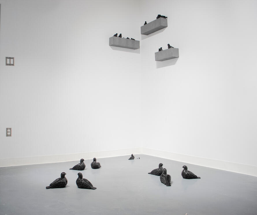 The space of birds, metal, ceramics and plaster, 2025, installation