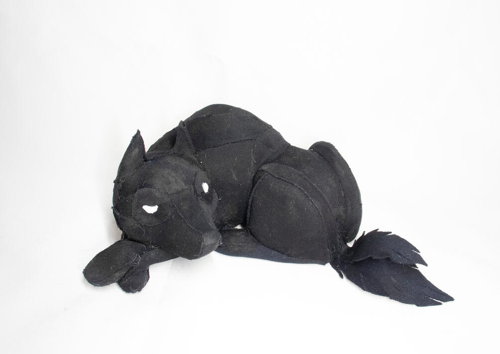 When the wolf sleeps, aluminium, textiles, polymer clay, 2025, 7 x 3 inches