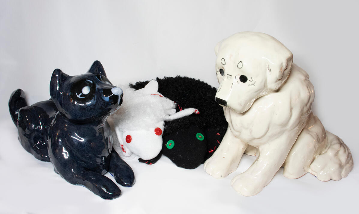 Shepherds dog, wolf and lady, ceramics, textiles, 2025, 7 x 14 + 9 x 8.5 inches 01
