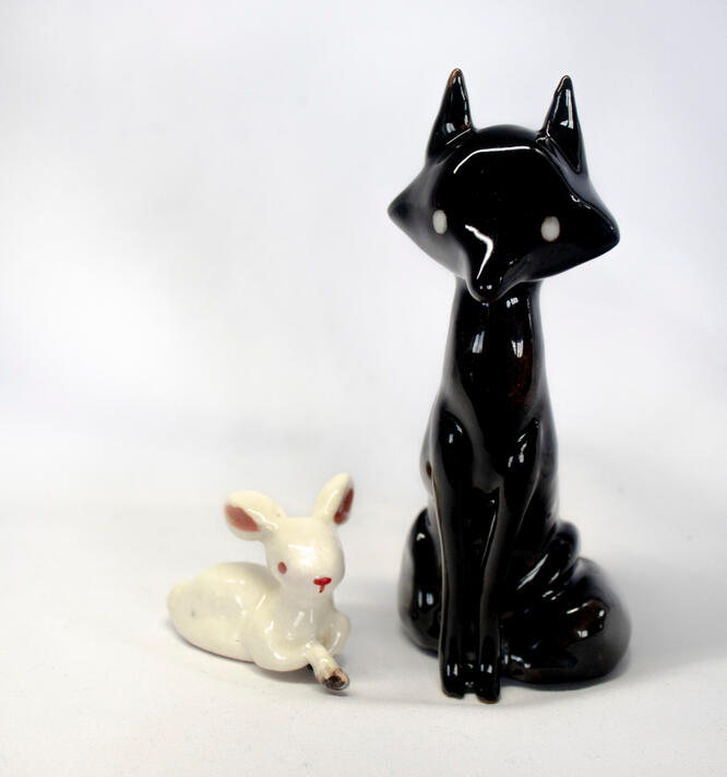 Deer and wolf, ceramics, 2025, 2 x 3 + 3 x 5 inches