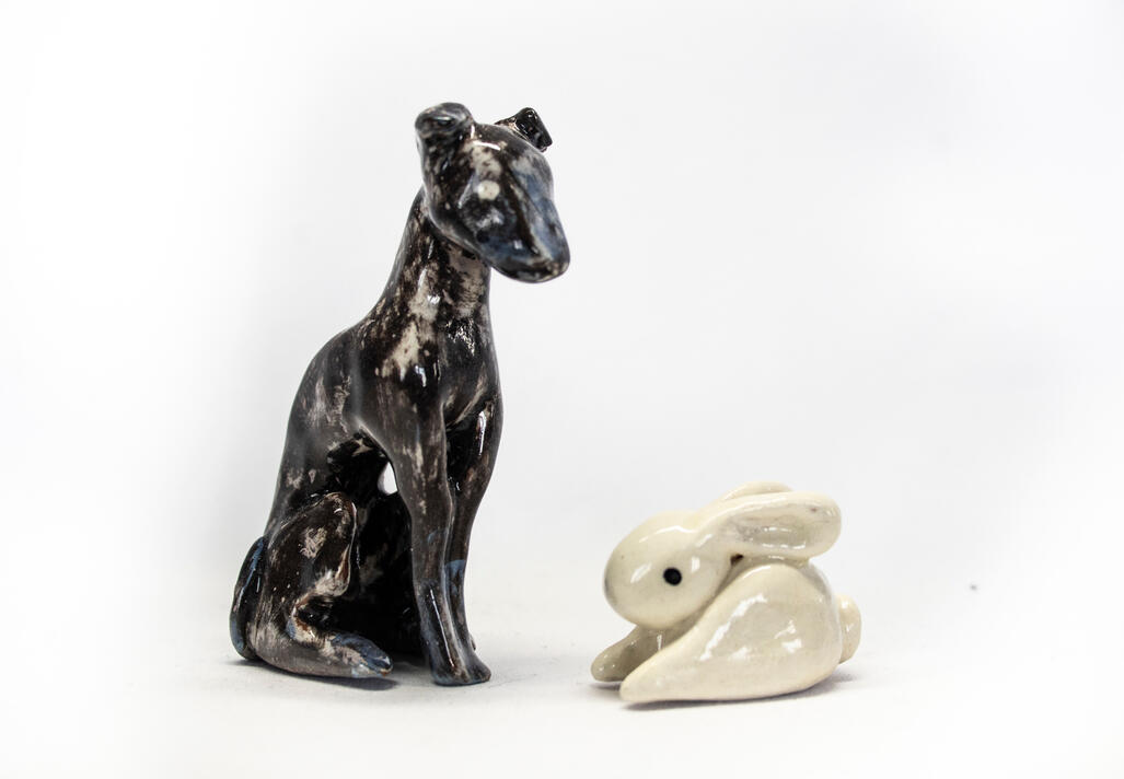Dog and bunny, ceramics, 2025, 2 x 4 + 1.5 x 2 inches