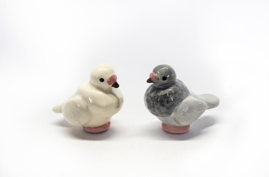 Pigeons, ceramics, 2025, 2 x 2 inches