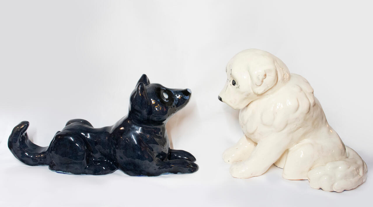 Shepherds dog, wolf and lady, ceramics, 2025, 7 x 14 + 9 x 8.5 inches 02