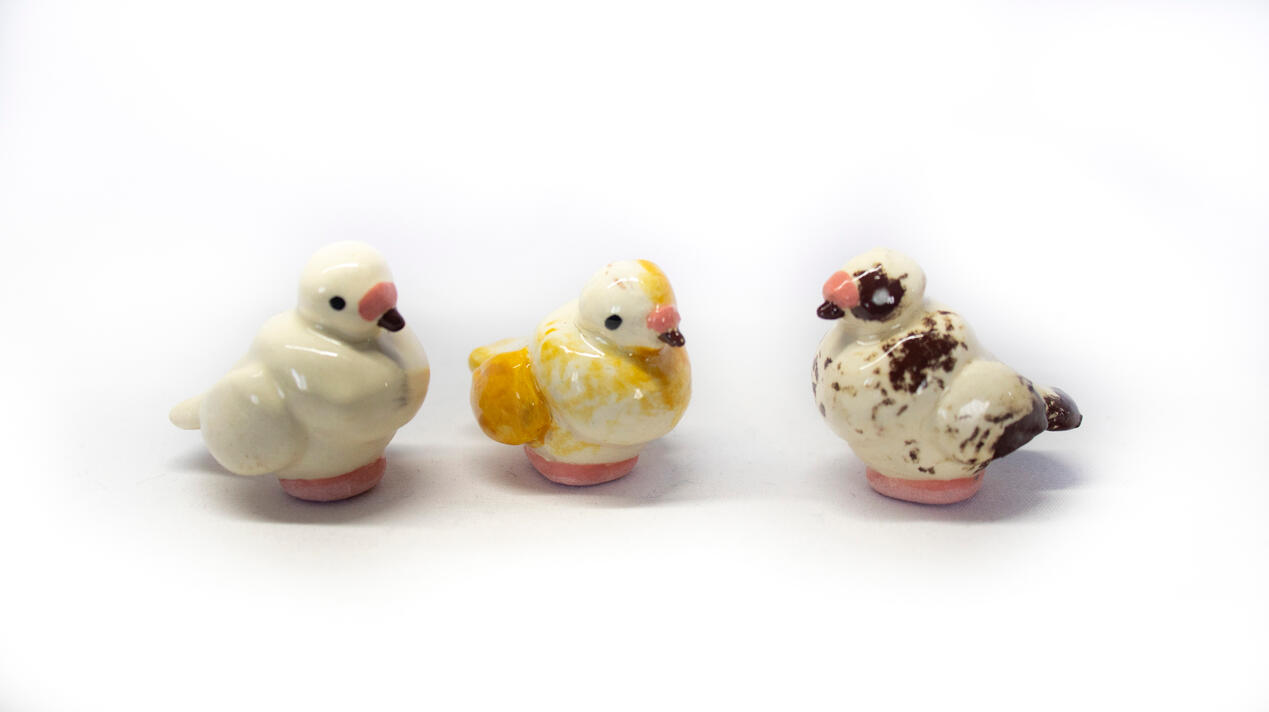 Colorful pigeons, ceramics, 2025, 2 x 2 inches