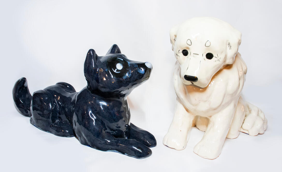 Shepherds dog, wolf and lady, ceramics, 2025, 7 x 14 + 9 x 8.5 inches 01