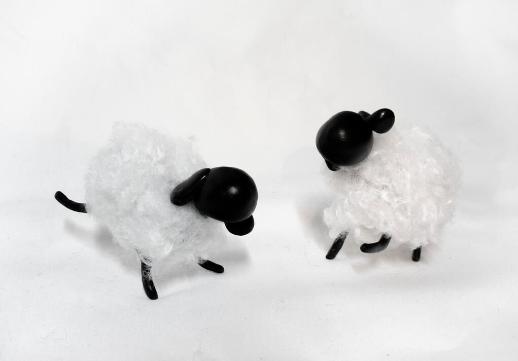 Dancing sheep pair, aluminum, textiles, polymer clay, 3 x 2.5 inches