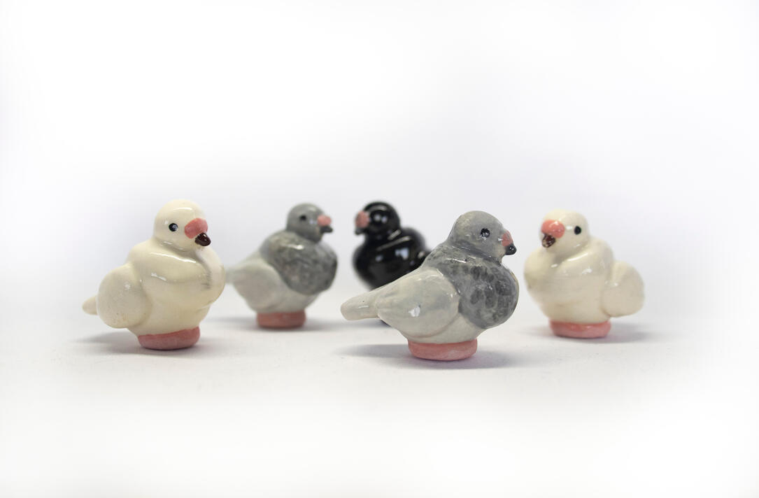 Pigeons (5), ceramics, 2025, 2 x 2 inches