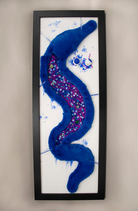 The dissection, multimedia on wood, 2022, 38.3 x14.3 inches