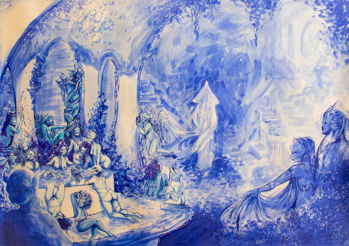 Midnight masquerade, 2023, ink on paper, aprox. 30 x 45 inches