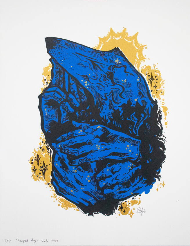 Trapped dog, screenprint on paper, 2024