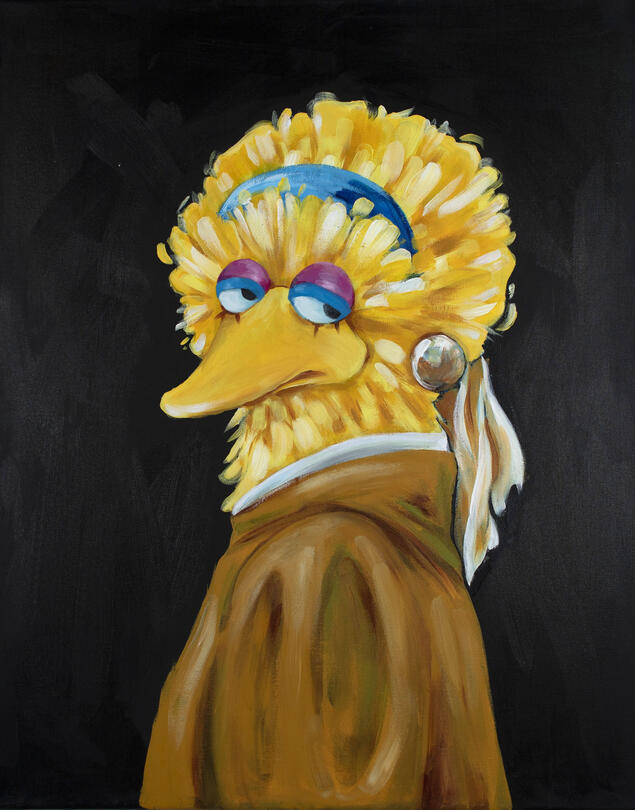 Big bearl (the bird with the pearl earring), acrylic on canvas, 2022, 24 x 30 inches