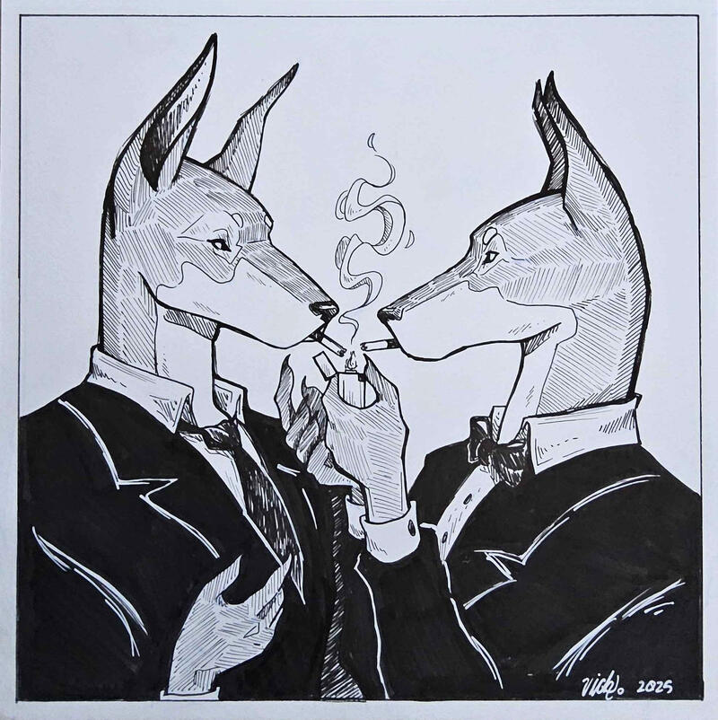 Monsieurs, 2025, ink on paper, 8 x 8 inches