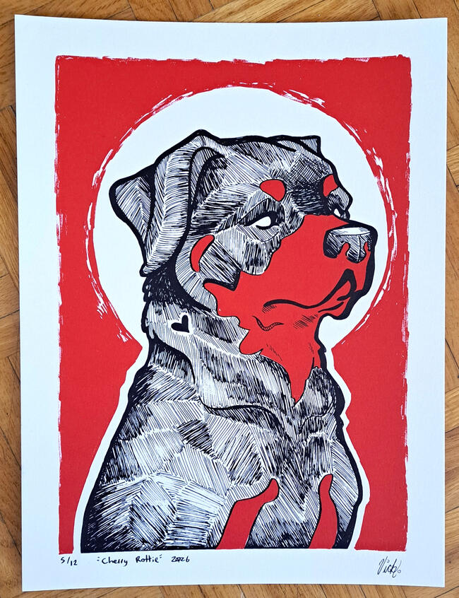 Cherry Rottie, screenprint on paper, 2026, 12 x 9 inches.