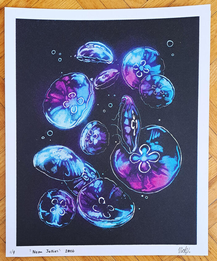 Neon Jellies, CMYK screenprint on paper, 2026, 10 x 8 inches.