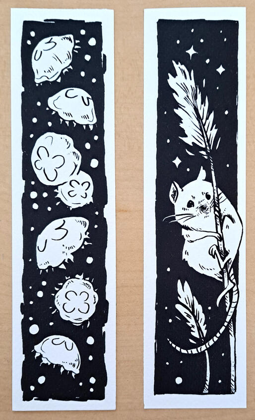 Moon Jellies &amp; Mouse, screenprint on paper, 2026, 5 x 2 inches.